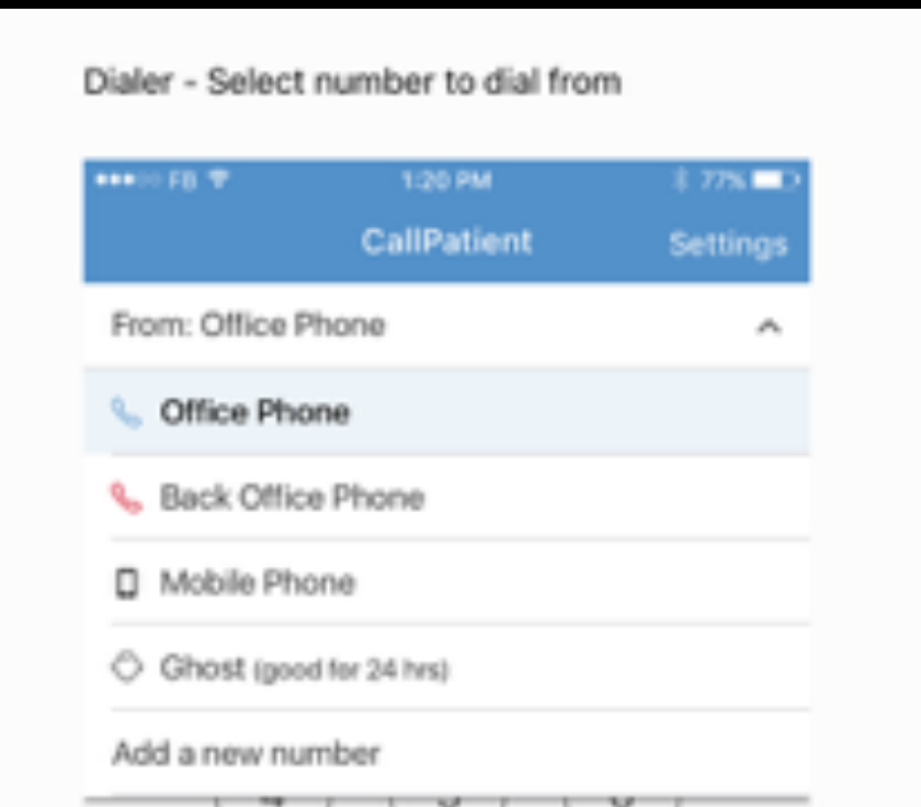 Dialer spec page headed 'Select number to dial from', showing a From selector with Office Phone, Back Office Phone, Mobile Phone, Ghost (good for 24 hrs), and Add a new number