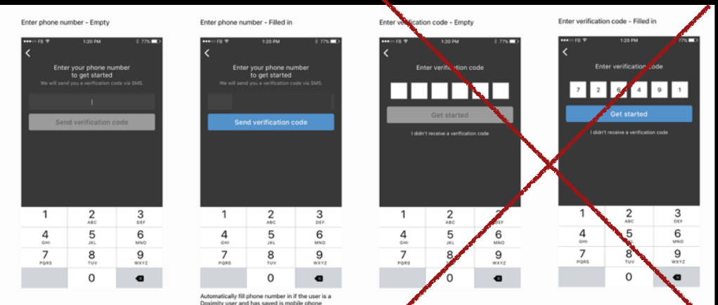 Four SMS verification mockups crossed out in red on the Dialer MVP spec