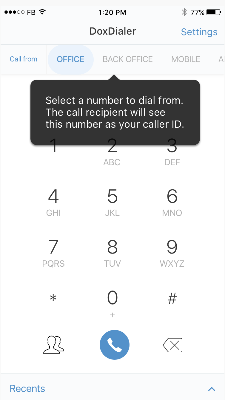 Doximity Dialer 'Call from' selector set to OFFICE, with a tooltip explaining the recipient sees this number as caller ID