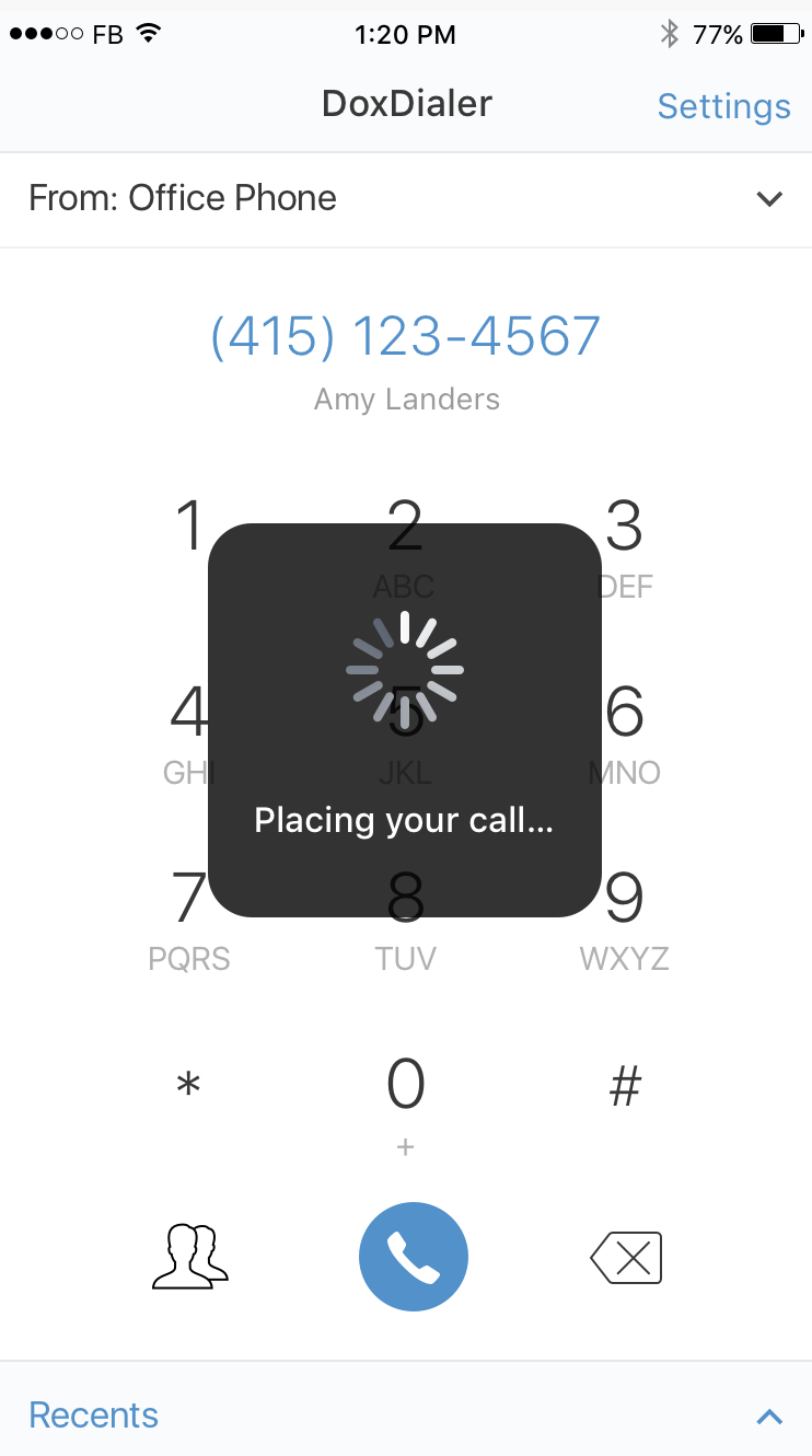Doximity Dialer placing a call, headed 'From: Office Phone'