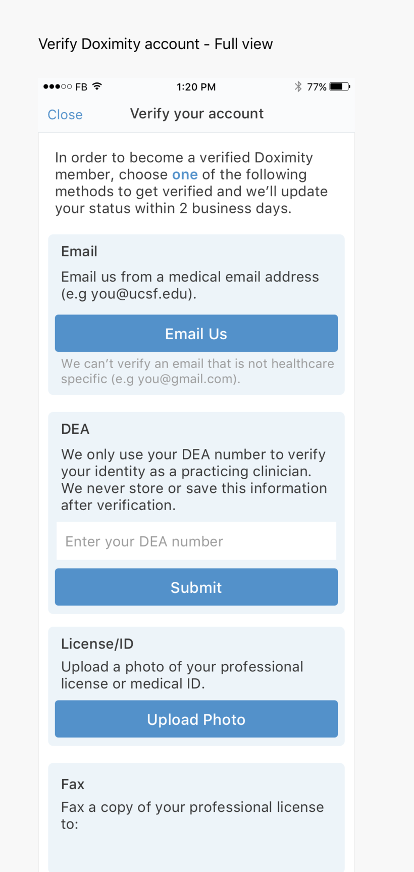 Dialer's 'Verify your account' screen offering four verification methods — email from a medical address, DEA number, a photo of a professional license or medical ID, and fax