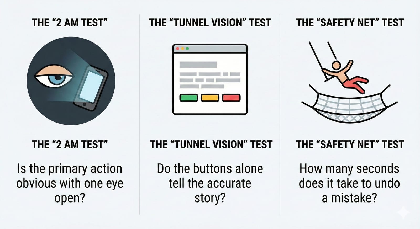 Designer's checklist for low energy — the 2 AM test, tunnel vision test, safety net test
